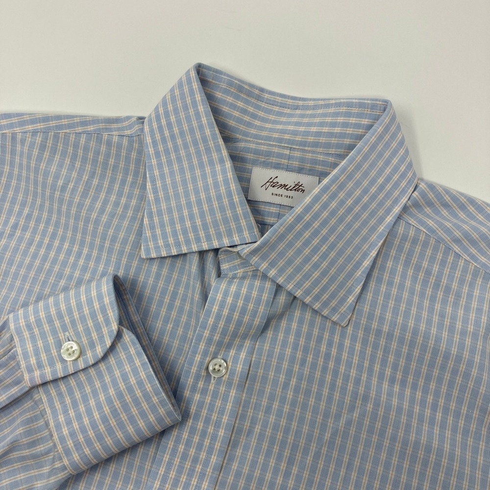 Hamilton Men's Dress Shirt 16.5 Blue Orange Plaid Cotton Made in USA Long Sleeve